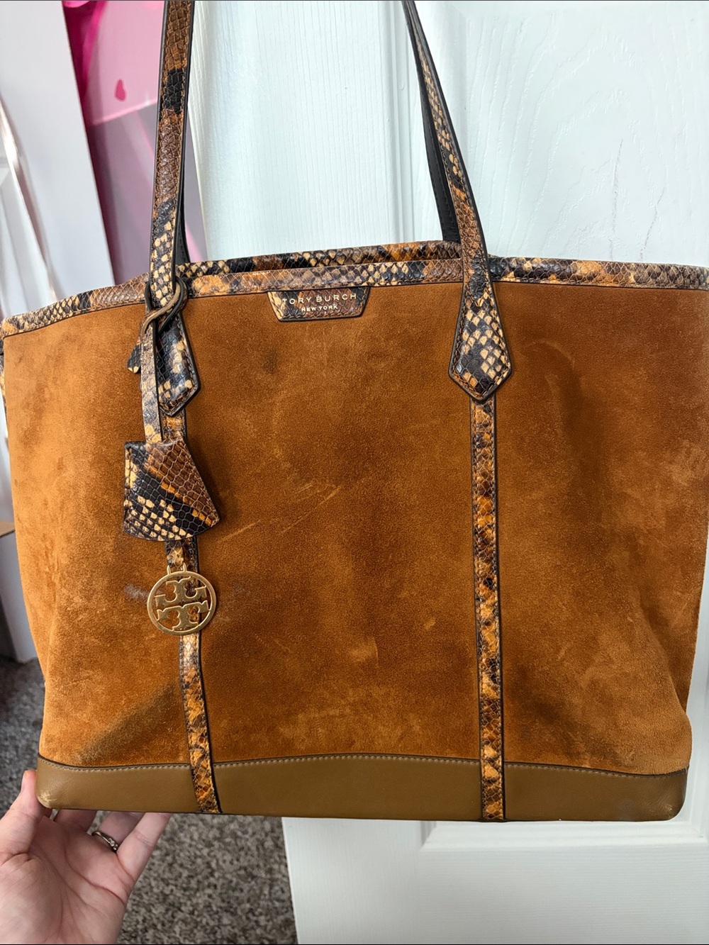 Tory Burch Brown Suede Tote with Snake-Print Trim and Gold Logo Charm